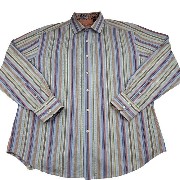 ROBERT GRAHAM‎ Mens 2XL Striped Shirt Flip Cuffs Yellow Blue Orange Embroidered - Picture 1 of 12